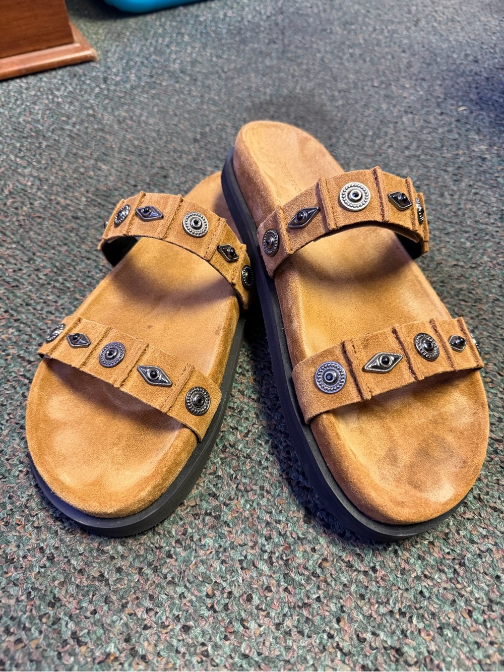 Free People Tan Studded Double-Strap Slide Sandals